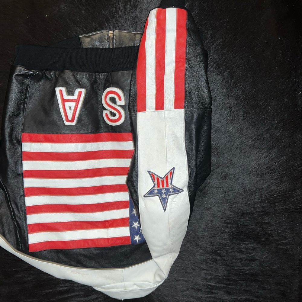 Bikers Vintage Motorcycle Embroidered USA Flag Leather Jacket
